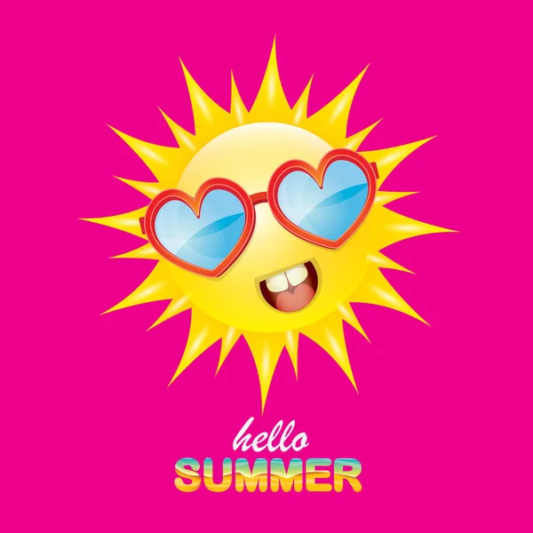 Vector hola etiqueta creativa de verano con sol brillante sonriente aislado sobre fondo rosa. fondo de la fiesta de verano con plantilla de diseño de carácter sol funky. vector icono de verano — Vector de stock