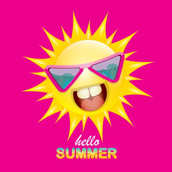 Vector Hello Summer creatief label met glimlachend glimmende zon geïsoleerd op roze achtergrond. zomer partij achtergrond met funky Sun karakter ontwerpsjabloon. vector zomer icoon — Stockvector