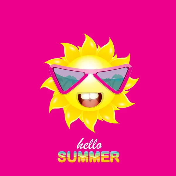 Vector hola etiqueta creativa de verano con sol brillante sonriente aislado sobre fondo rosa. fondo de la fiesta de verano con plantilla de diseño de carácter sol funky. vector icono de verano — Vector de stock