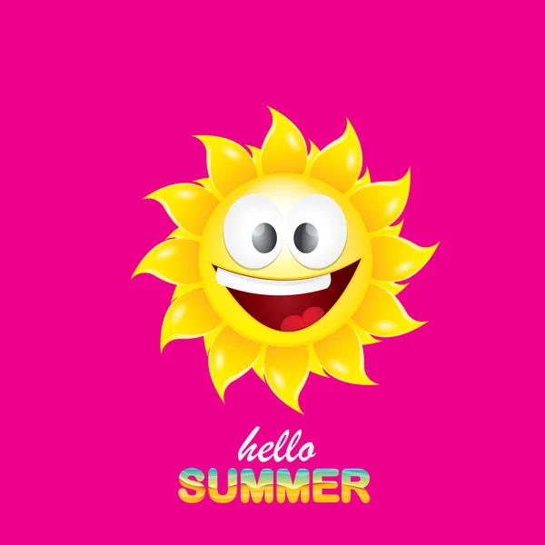 Vector hola etiqueta creativa de verano con sol brillante sonriente aislado sobre fondo rosa. fondo de la fiesta de verano con plantilla de diseño de carácter sol funky. vector icono de verano — Archivo Imágenes Vectoriales