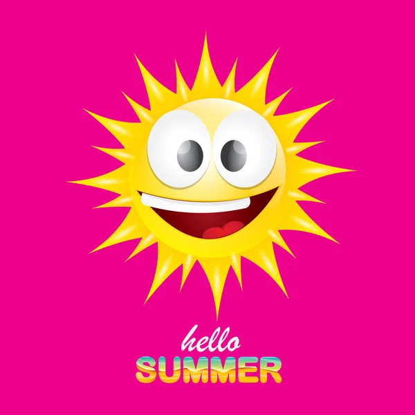 Vector Hello letní tvůrčí štítek s usměvavou lesklou sluncem izolovanou na růžovém pozadí. letní večírek se funky šablonou designu slunečních postav. Vektorová letní ikona — Stockový vektor