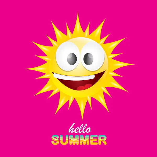 Vector hola etiqueta creativa de verano con sol brillante sonriente aislado sobre fondo rosa. fondo de la fiesta de verano con plantilla de diseño de carácter sol funky. vector icono de verano — Archivo Imágenes Vectoriales