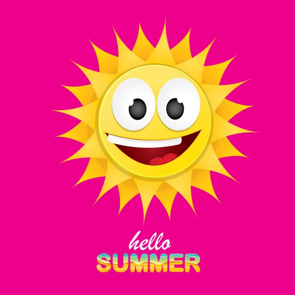 Vector hola etiqueta creativa de verano con sol brillante sonriente aislado sobre fondo rosa. fondo de la fiesta de verano con plantilla de diseño de carácter sol funky. vector icono de verano — Archivo Imágenes Vectoriales