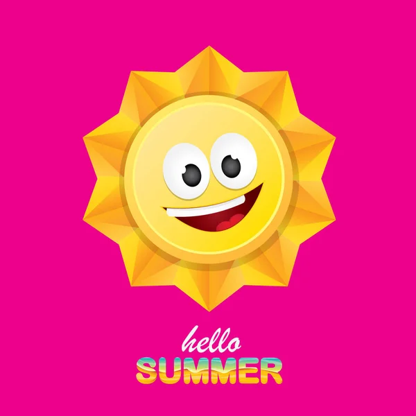 Vector Hello Summer creatief label met glimlachend glimmende zon geïsoleerd op roze achtergrond. zomer partij achtergrond met funky Sun karakter ontwerpsjabloon. vector zomer icoon — Stockvector