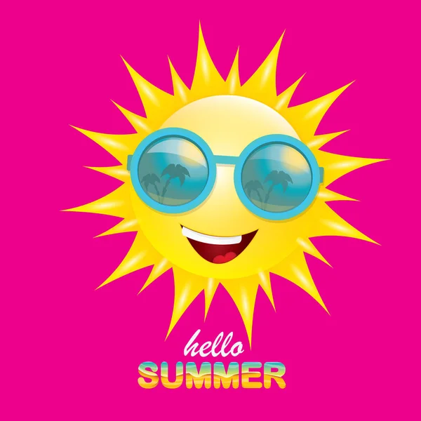 Vector hola etiqueta creativa de verano con sol brillante sonriente aislado sobre fondo rosa. fondo de la fiesta de verano con plantilla de diseño de carácter sol funky. vector icono de verano — Vector de stock