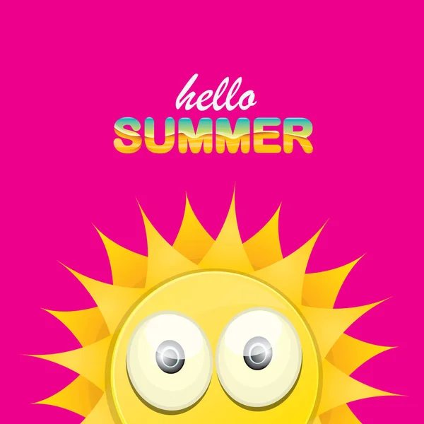 Векторний привіт літній креативний лейбл зі усміхненим сяючим сонцем ізольовано на рожевому фоні. фон літньої вечірки з шаблоном дизайну фанк-сонячного персонажа. векторна літня іконка — стоковий вектор