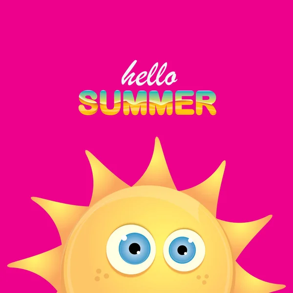 Vector hola etiqueta creativa de verano con sol brillante sonriente aislado sobre fondo rosa. fondo de la fiesta de verano con plantilla de diseño de carácter sol funky. vector icono de verano — Archivo Imágenes Vectoriales