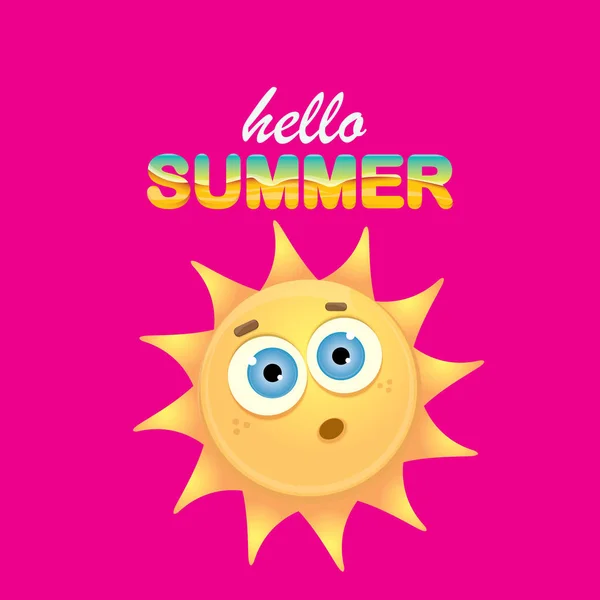 Vector hola etiqueta creativa de verano con sol brillante sonriente aislado sobre fondo rosa. fondo de la fiesta de verano con plantilla de diseño de carácter sol funky. vector icono de verano — Archivo Imágenes Vectoriales