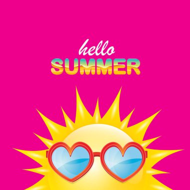 pembe arka plan üzerinde izole gülümseyen parlak güneş ile vektör merhaba yaz yaratıcı etiket. funky güneş karakter tasarım şablonu ile yaz parti arka plan. vektör yaz simgesi