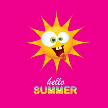 pembe arka plan üzerinde izole gülümseyen parlak güneş ile vektör merhaba yaz yaratıcı etiket. funky güneş karakter tasarım şablonu ile yaz parti arka plan. vektör yaz simgesi