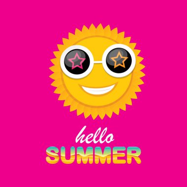 pembe arka plan üzerinde izole gülümseyen parlak güneş ile vektör merhaba yaz yaratıcı etiket. funky güneş karakter tasarım şablonu ile yaz parti arka plan. vektör yaz simgesi