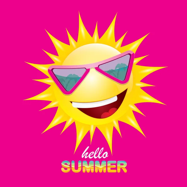 Vector hola etiqueta creativa de verano con sol brillante sonriente aislado sobre fondo rosa. fondo de la fiesta de verano con plantilla de diseño de carácter sol funky. vector icono de verano — Vector de stock