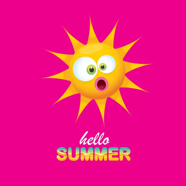 Vector hola etiqueta creativa de verano con sol brillante sonriente aislado sobre fondo rosa. fondo de la fiesta de verano con plantilla de diseño de carácter sol funky. vector icono de verano — Vector de stock