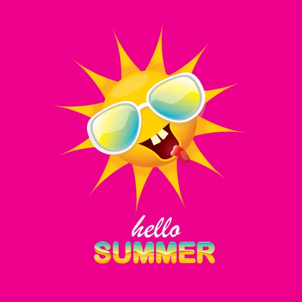 Vector hola etiqueta creativa de verano con sol brillante sonriente aislado sobre fondo rosa. fondo de la fiesta de verano con plantilla de diseño de carácter sol funky. vector icono de verano — Vector de stock