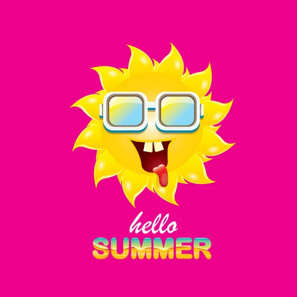 Векторний привіт літній креативний лейбл зі усміхненим сяючим сонцем ізольовано на рожевому фоні. фон літньої вечірки з шаблоном дизайну фанк-сонячного персонажа. векторна літня іконка — стоковий вектор