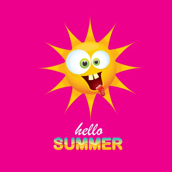 Wektor Hello lato kreatywnych etykieta z uśmiechem błyszczące słońce na różowym tle. lato party tło z funky słońce szablon projektu znaków. wektor lato ikona — Wektor stockowy