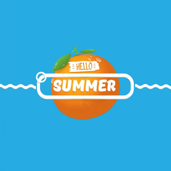 Wektor Hello Summer etykieta lub ulotka szablon projektu ze świeżych owoców pomarańczy izolowane na niebieskim tle. Hello Summer koncepcji etykiety lub plakat z owocami i tekstem letternig — Wektor stockowy