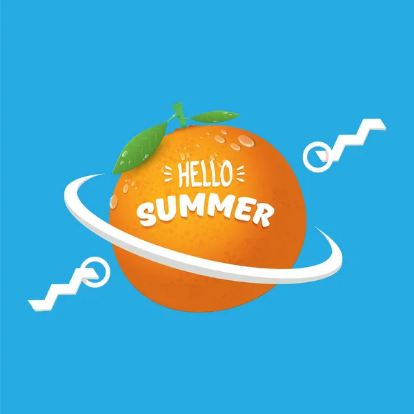 Vector Hello zomer label of flyer ontwerpsjabloon met verse oranje fruit geïsoleerd op blauwe achtergrond. Hallo zomer concept label of poster met fruit en letternig tekst — Stockvector
