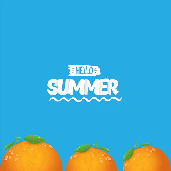 Vector Hello zomer label of flyer ontwerpsjabloon met verse oranje fruit geïsoleerd op blauwe achtergrond. Hallo zomer concept label of poster met fruit en letternig tekst — Stockvector