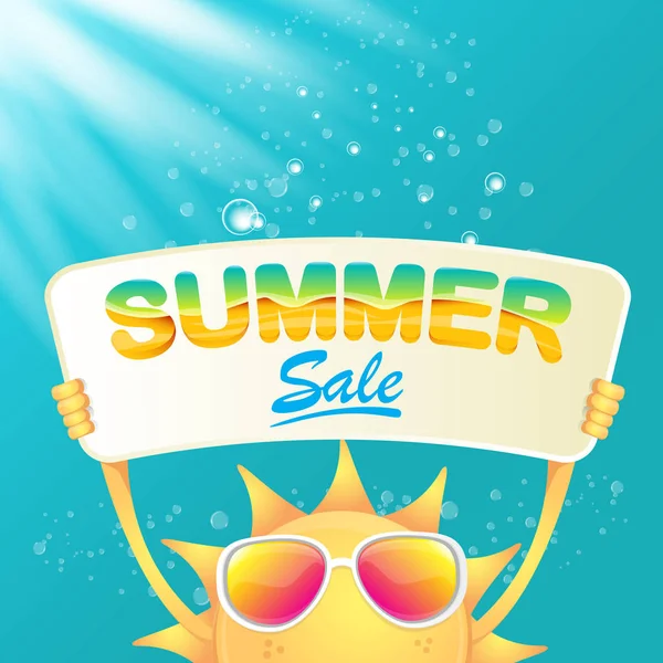 Vector summer happy sun holding sale offer sign — Stock Vector