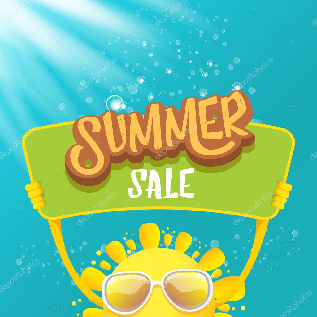 Summer sale vector poster. summer happy sun holding sign or banner with special offer sale text