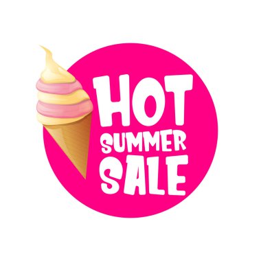 sıcak yaz satış etiketi veya eriyen dondurma ile etiket. Vektör sıcak yaz satış pembe afiş veya simge.