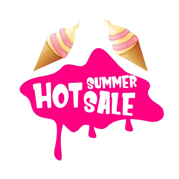 Etiqueta caliente de la venta del verano o etiqueta con el helado que derrite. Vector caliente verano venta bandera rosa o icono . — Archivo Imágenes Vectoriales