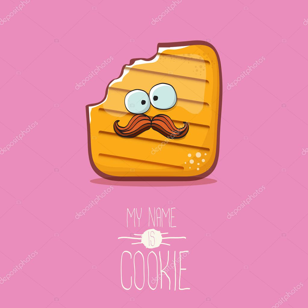 Vector funny hand drawn cookie character isolated on pink background. My name is cookie concept illustration. funky food character or bakery label mascot