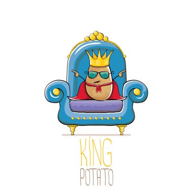 vektör komik karikatür altın kraliyet taç ve kırmızı manto veya beyaz arka plan üzerinde izole mavi taht üzerinde oturan pelerin ile sevimli kahverengi gülümseyen kral patates. sebze funky gıda çizilmiş karakter