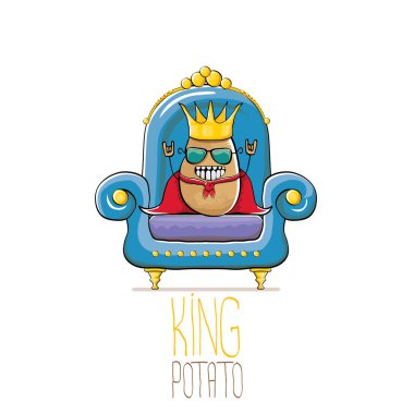 vektör komik karikatür altın kraliyet taç ve kırmızı manto veya beyaz arka plan üzerinde izole mavi taht üzerinde oturan pelerin ile sevimli kahverengi gülümseyen kral patates. sebze funky gıda çizilmiş karakter