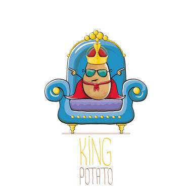 vektör komik karikatür altın kraliyet taç ve kırmızı manto veya beyaz arka plan üzerinde izole mavi taht üzerinde oturan pelerin ile sevimli kahverengi gülümseyen kral patates. sebze funky gıda çizilmiş karakter