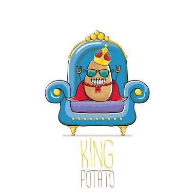vektör komik karikatür altın kraliyet taç ve kırmızı manto veya beyaz arka plan üzerinde izole mavi taht üzerinde oturan pelerin ile sevimli kahverengi gülümseyen kral patates. sebze funky gıda çizilmiş karakter