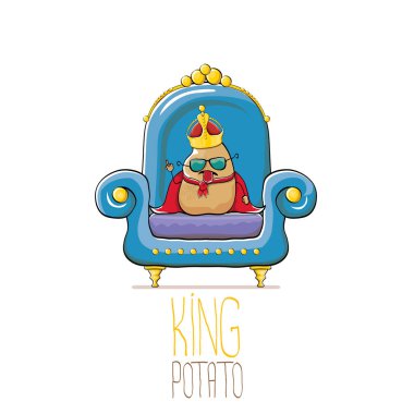 vektör komik karikatür altın kraliyet taç ve kırmızı manto veya beyaz arka plan üzerinde izole mavi taht üzerinde oturan pelerin ile sevimli kahverengi gülümseyen kral patates. sebze funky gıda çizilmiş karakter