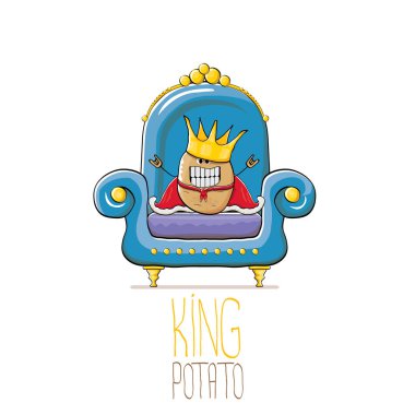 vektör komik karikatür altın kraliyet taç ve kırmızı manto veya beyaz arka plan üzerinde izole mavi taht üzerinde oturan pelerin ile sevimli kahverengi gülümseyen kral patates. sebze funky gıda çizilmiş karakter