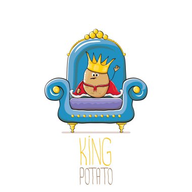vektör komik karikatür altın kraliyet taç ve kırmızı manto veya beyaz arka plan üzerinde izole mavi taht üzerinde oturan pelerin ile sevimli kahverengi gülümseyen kral patates. sebze funky gıda çizilmiş karakter