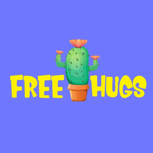 Gratis knuffels tekst en cartoon groene cactus in pot geïsoleerd op Violet achtergrond. grappige kamerplant pictogram met citaat of slogan voor afdrukken op Tee. Internationaal gratis knuffels Day concept — Stockvector