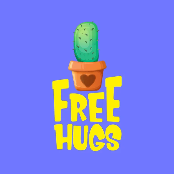 Gratis knuffels tekst en cartoon groene cactus in pot geïsoleerd op Violet achtergrond. grappige kamerplant pictogram met citaat of slogan voor afdrukken op Tee. Internationaal gratis knuffels Day concept — Stockvector