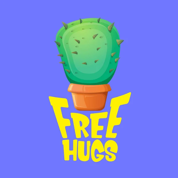 Free hugs text and cartoon green cactus in pot isolated on violet background. funny houseplant icon with quote or slogan for print on tee. International free hugs day concept — Stock Vector