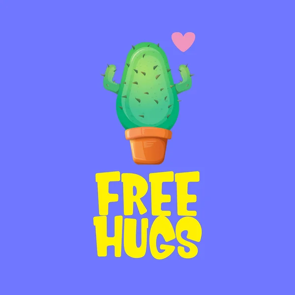 Gratis knuffels tekst en cartoon groene cactus in pot geïsoleerd op Violet achtergrond. grappige kamerplant pictogram met citaat of slogan voor afdrukken op Tee. Internationaal gratis knuffels Day concept — Stockvector