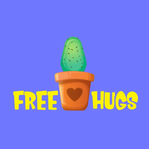 Gratis knuffels tekst en cartoon groene cactus in pot geïsoleerd op Violet achtergrond. grappige kamerplant pictogram met citaat of slogan voor afdrukken op Tee. Internationaal gratis knuffels Day concept — Stockvector