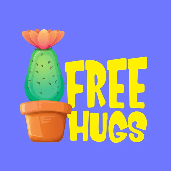 Gratis knuffels tekst en cartoon groene cactus in pot geïsoleerd op Violet achtergrond. grappige kamerplant pictogram met citaat of slogan voor afdrukken op Tee. Internationaal gratis knuffels Day concept — Stockvector