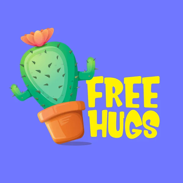 Gratis knuffels tekst en cartoon groene cactus in pot geïsoleerd op Violet achtergrond. grappige kamerplant pictogram met citaat of slogan voor afdrukken op Tee. Internationaal gratis knuffels Day concept — Stockvector