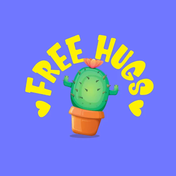 Free hugs text and cartoon green cactus in pot isolated on violet background. funny houseplant icon with quote or slogan for print on tee. International free hugs day concept — Stock Vector