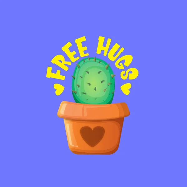 Ingyenes ölelést szöveget és rajzfilm zöld kaktusz a fazék elszigetelt lila háttérben. vicces kivitelezés ikon idézet vagy szlogen nyomtatni a póló. Nemzetközi ingyenes ölelést nap koncepció — Stock Vector