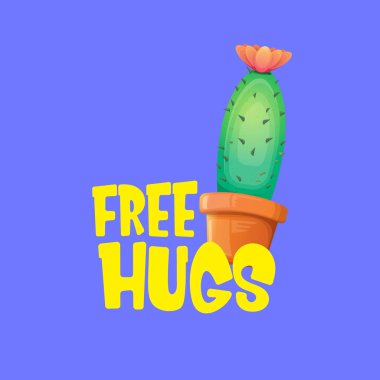 Ücretsiz kucaklama metin ve karikatür yeşil kaktüs saksı içinde sakşı menekşe arka plan üzerinde izole. tee baskı için teklif veya slogan ile komik houseplant simgesi. Uluslararası ücretsiz hugs gün kavramı