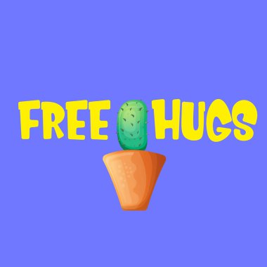 Ücretsiz kucaklama metin ve karikatür yeşil kaktüs saksı içinde sakşı menekşe arka plan üzerinde izole. tee baskı için teklif veya slogan ile komik houseplant simgesi. Uluslararası ücretsiz hugs gün kavramı