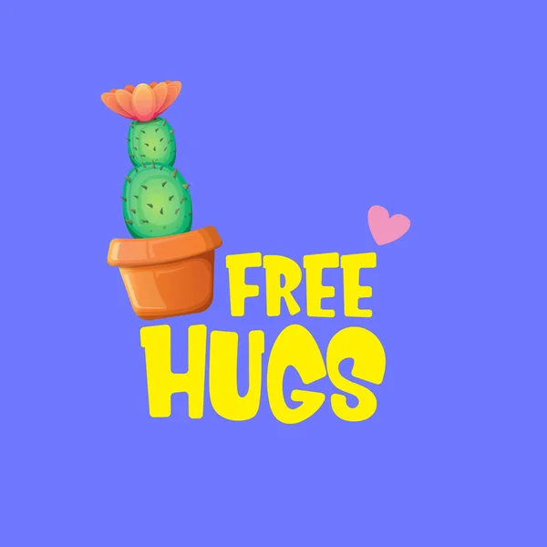 Gratis knuffels tekst en cartoon groene cactus in pot geïsoleerd op Violet achtergrond. grappige kamerplant pictogram met citaat of slogan voor afdrukken op Tee. Internationaal gratis knuffels Day concept — Stockvector