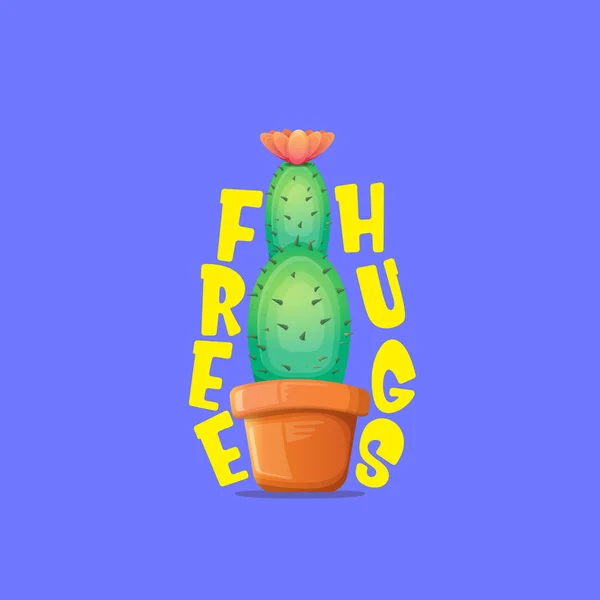 Gratis knuffels tekst en cartoon groene cactus in pot geïsoleerd op Violet achtergrond. grappige kamerplant pictogram met citaat of slogan voor afdrukken op Tee. Internationaal gratis knuffels Day concept — Stockvector