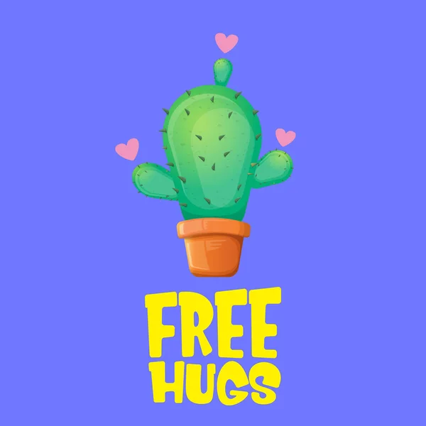 Gratis knuffels tekst en cartoon groene cactus in pot geïsoleerd op Violet achtergrond. grappige kamerplant pictogram met citaat of slogan voor afdrukken op Tee. Internationaal gratis knuffels Day concept — Stockvector