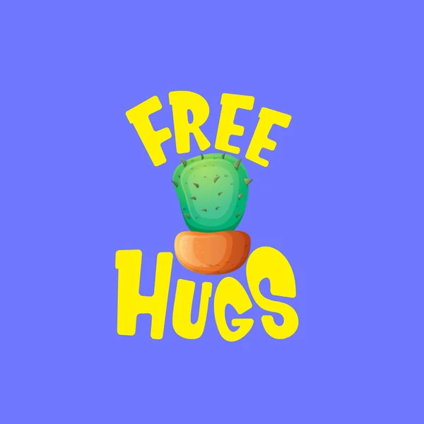 Gratis knuffels tekst en cartoon groene cactus in pot geïsoleerd op Violet achtergrond. grappige kamerplant pictogram met citaat of slogan voor afdrukken op Tee. Internationaal gratis knuffels Day concept — Stockvector